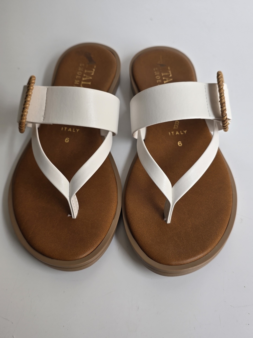 Italian Shoemakers White and Brown Leather Toe-Post Slide Sandals